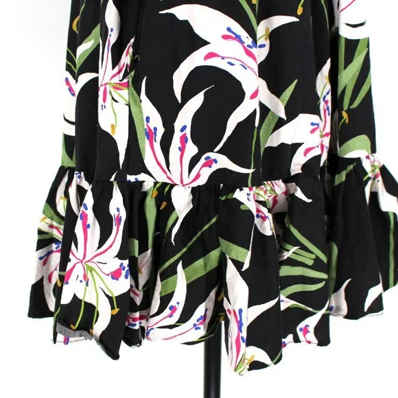 Borgo De Nor Anita Mini Dress Black Multicolor Lilly Print Ruffle Hem Belted 12
